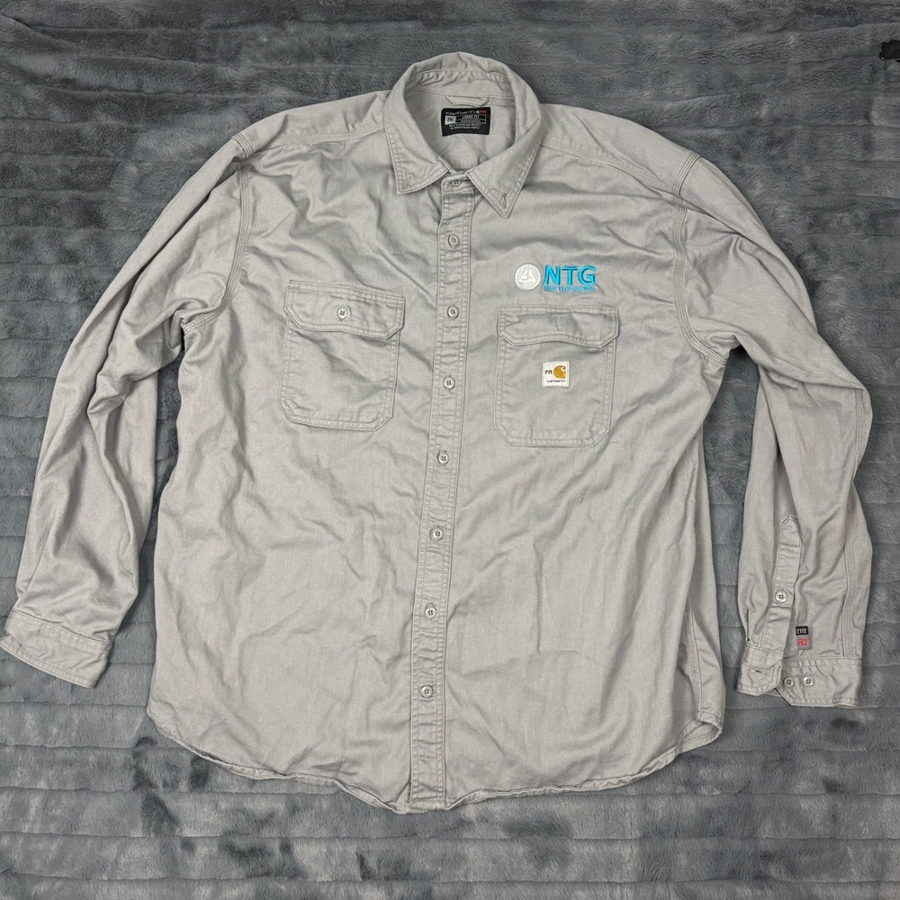 Carhartt FR Mens 2XL Loose Fit Flame Resistant Work Shirt Grey FRS160 NTG Logo